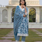 Jaitpuriya Women Blue And Off White Floral Print Straight Kurta Bottom And Dupatta