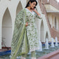 Jaitpuriya Women Green And Off White Floral Print Straight Kurta Bottom And Dupatta