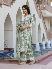 Jaitpuriya Women Green And Off White Floral Print Straight Kurta Bottom And Dupatta