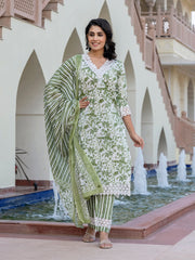 Jaitpuriya Women Green And Off White Floral Print Straight Kurta Bottom And Dupatta
