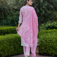 Jaitpuriya Women Pink And Off White Floral Print Straight Kurta Bottom And Dupatta