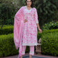 Jaitpuriya Women Pink And Off White Floral Print Straight Kurta Bottom And Dupatta