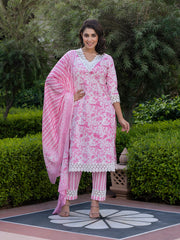 Jaitpuriya Women Pink And Off White Floral Print Straight Kurta Bottom And Dupatta