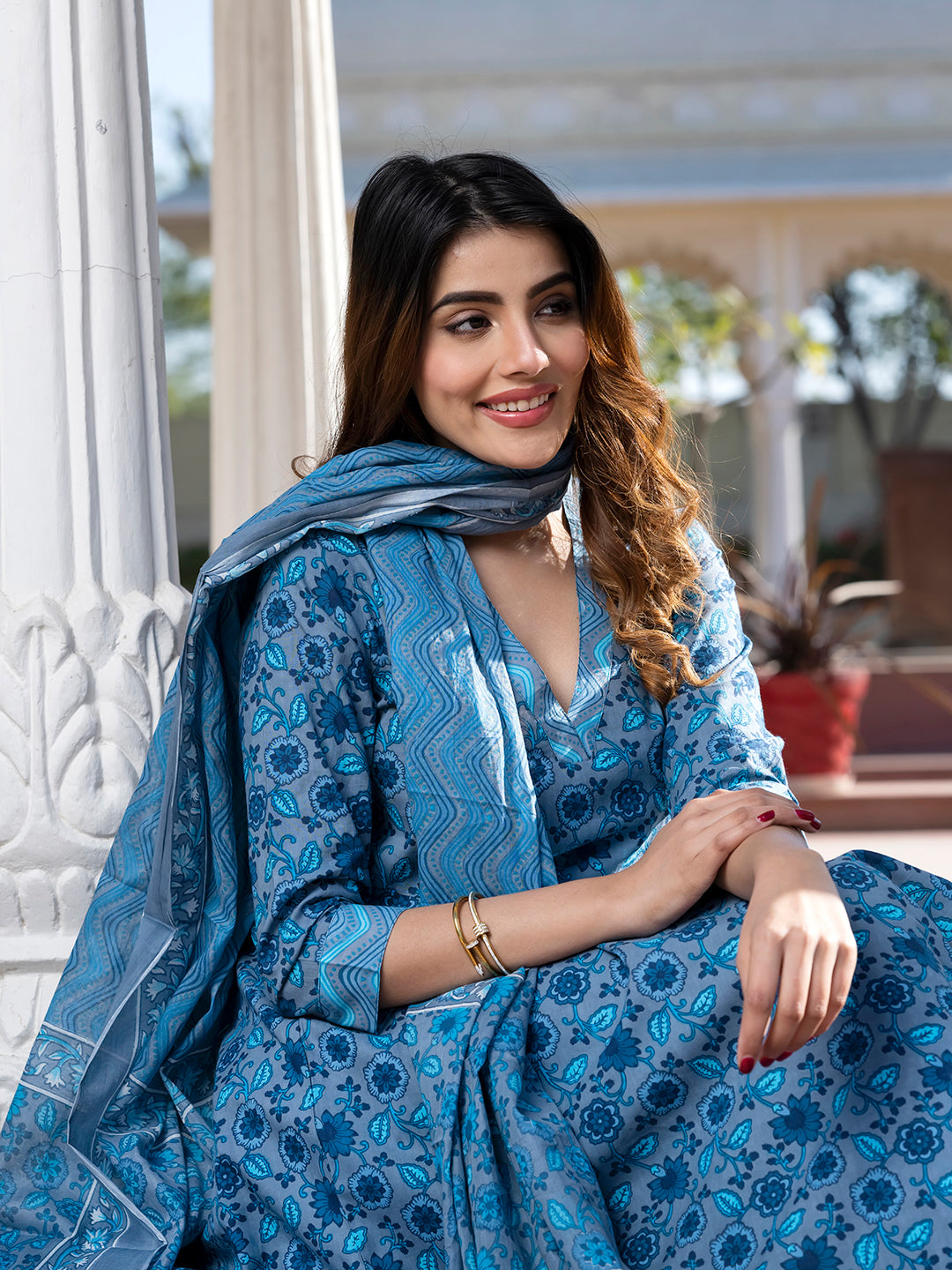 Jaitpuriya Women Blue and Grey Floral Print Anarkali Kurta Bottom Dupatta Set