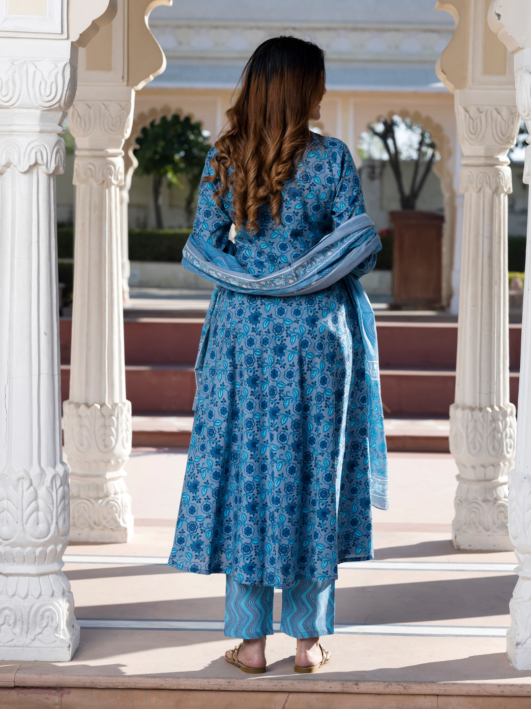Jaitpuriya Women Blue and Grey Floral Print Anarkali Kurta Bottom Dupatta Set