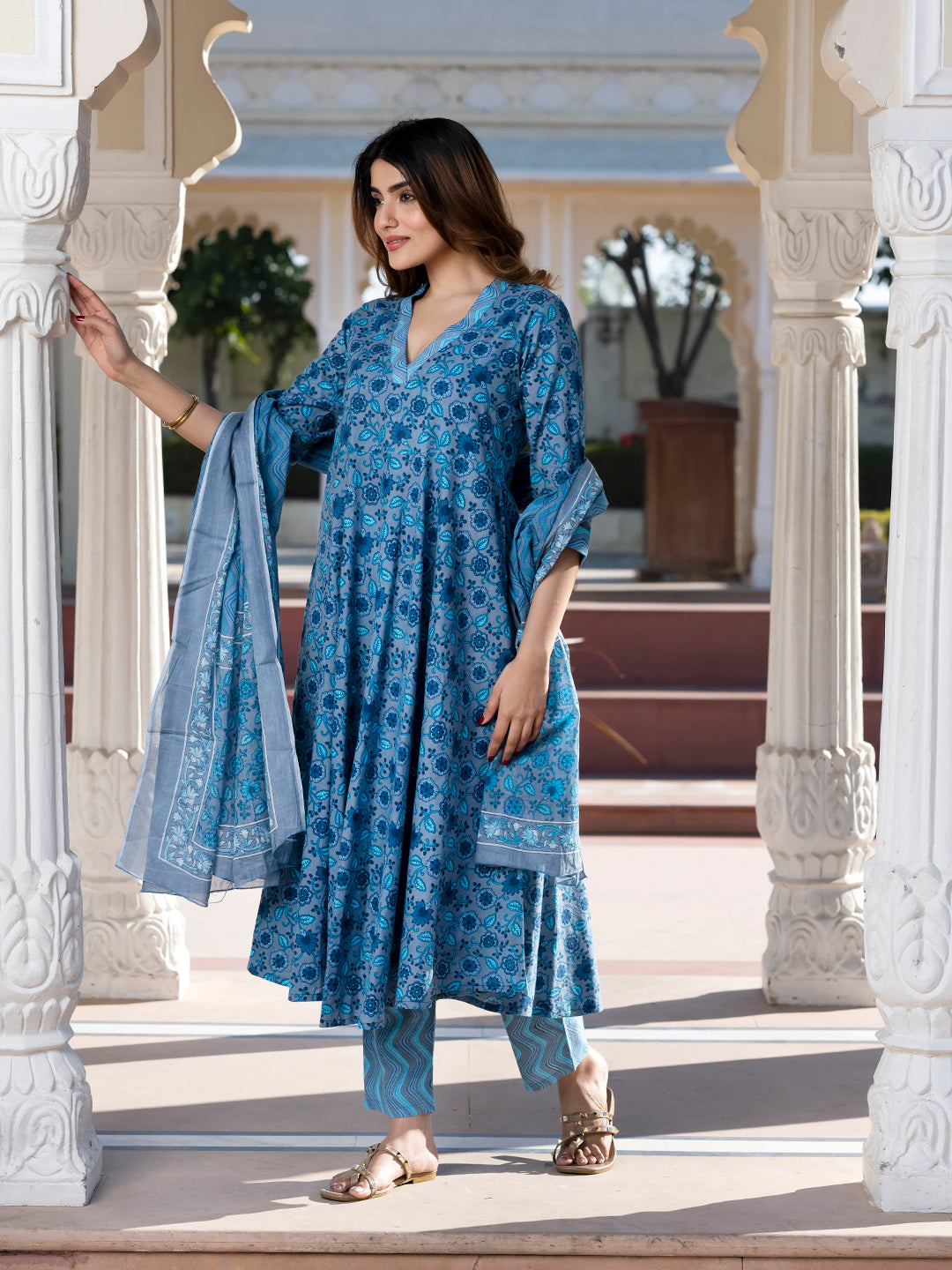 Jaitpuriya Women Blue and Grey Floral Print Anarkali Kurta Bottom Dupatta Set
