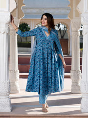 Jaitpuriya Women Blue and Grey Floral Print Anarkali Kurta Bottom Dupatta Set