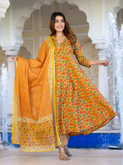 Jaitpuriya Women Yellow & Off-Red Floral Print Anarkali Kurta Set with Dupatta