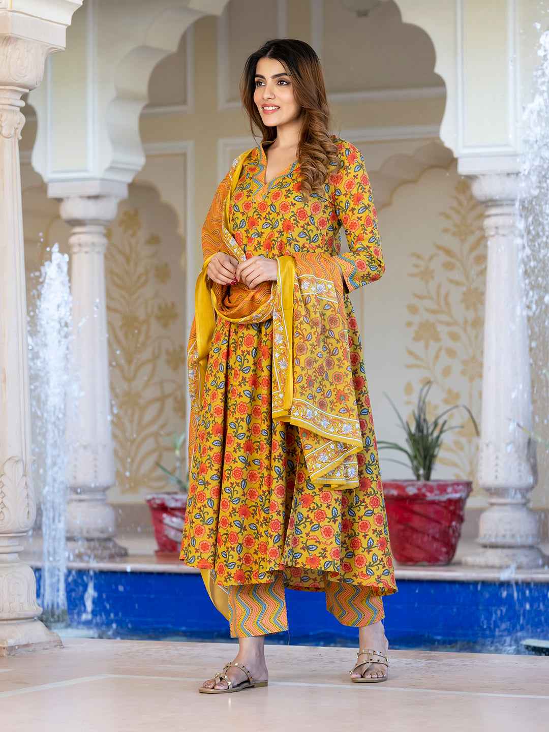 Jaitpuriya Women Yellow & Off-Red Floral Print Anarkali Kurta Set with Dupatta