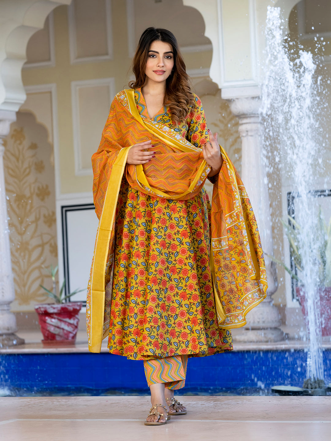 Jaitpuriya Women Yellow & Off-Red Floral Print Anarkali Kurta Set with Dupatta