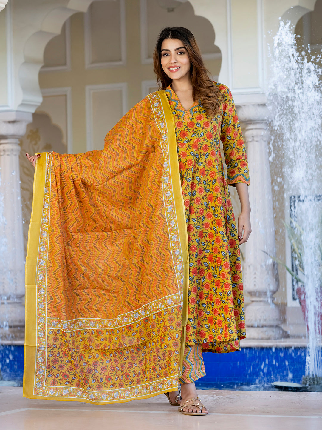 Jaitpuriya Women Yellow & Off-Red Floral Print Anarkali Kurta Set with Dupatta