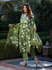Jaitpuriya Women Green & Off-White Floral Print Straight Kurta Set with Dupatta