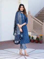Jaitpuriya Women Navy Blue Floral Print Straight Kurta Set with Dupatta
