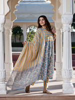 Jaitpuriya Women Blue Ethnic Motifs Anarkali Kurta Set with Dupatta