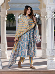 Jaitpuriya Women Blue Ethnic Motifs Anarkali Kurta Set with Dupatta