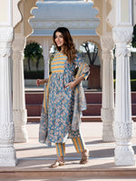 Jaitpuriya Women Blue Ethnic Motifs Anarkali Kurta Set with Dupatta