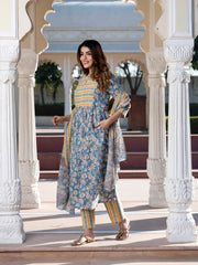 Jaitpuriya Women Blue Ethnic Motifs Anarkali Kurta Set with Dupatta