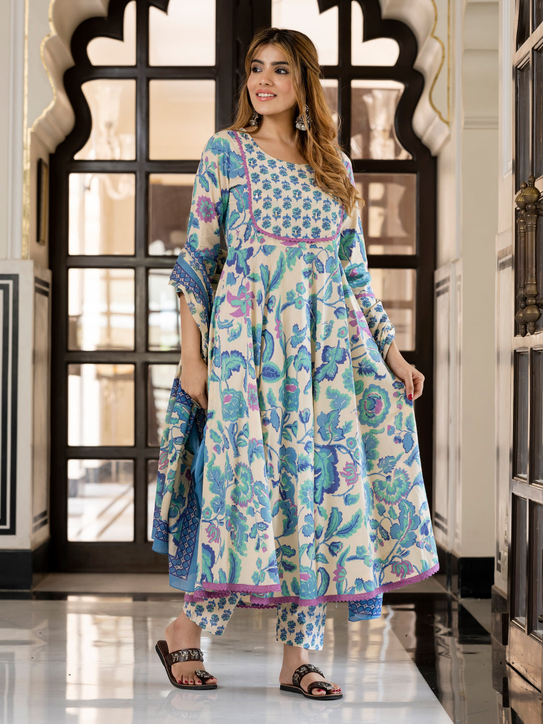 Jaitpuriya Women Blue And Cream Pure Cotton Anarkali Kurta Bottom Dupatta set