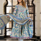 Jaitpuriya Women Blue And Cream Pure Cotton Anarkali Kurta Bottom Dupatta set