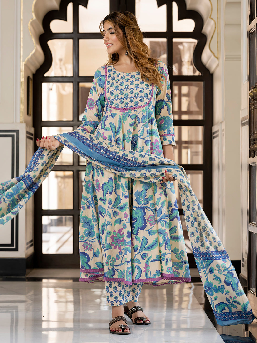 Jaitpuriya Women Blue And Cream Pure Cotton Anarkali Kurta Bottom Dupatta set