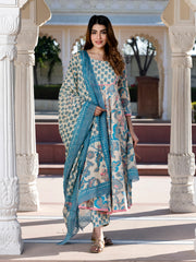Jaitpuriya Women Cream Floral Print Anarkali Kurta Set with Dupatta
