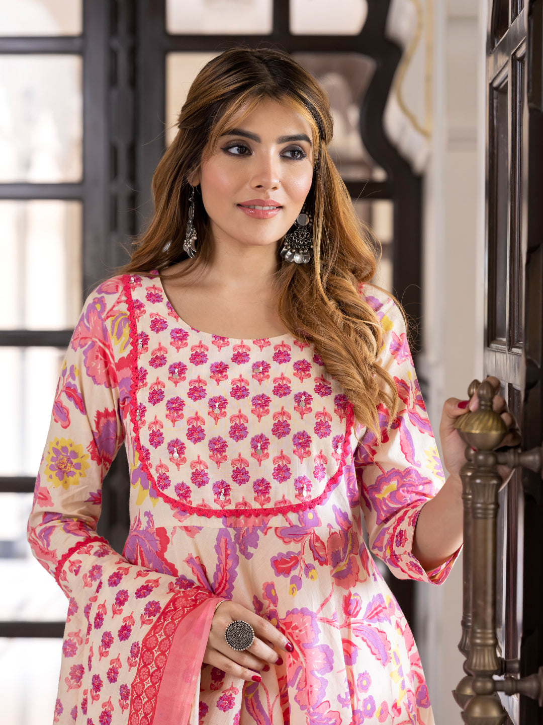 Jaitpuriya Women Purple And Cream Pure Cotton Anarkali Kurta Bottom Dupatta set