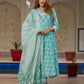 Jaitpuriya Women Turquoise Floral Print Anarkali Kurta Set with Dupatta