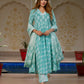 Jaitpuriya Women Turquoise Floral Print Anarkali Kurta Set with Dupatta