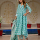 Jaitpuriya Women Turquoise Floral Print Anarkali Kurta Set with Dupatta