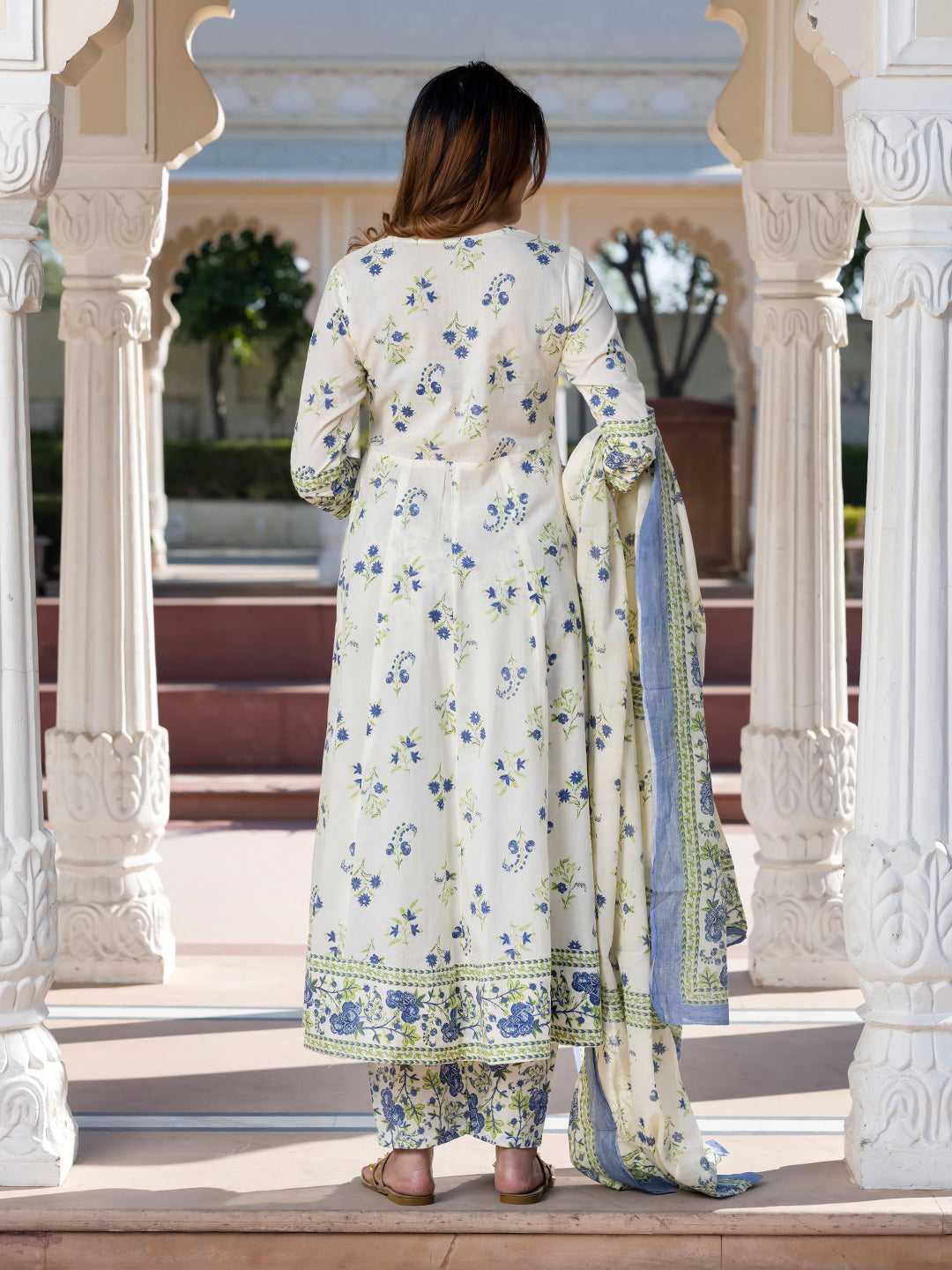 Jaitpuriya Women Blue and Cream Floral Print Anarkali Kurta Set with Dupatta