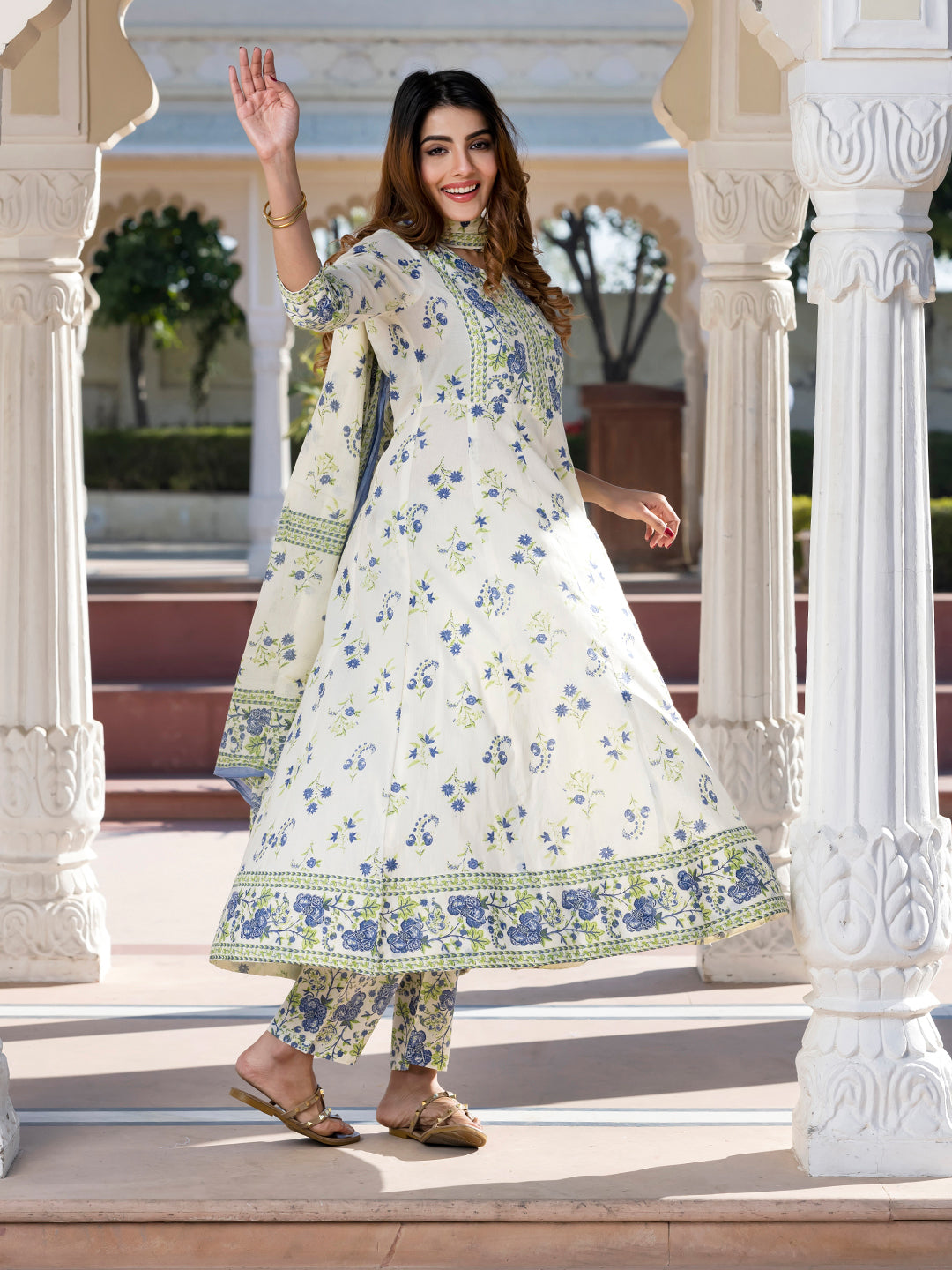 Jaitpuriya Women Blue and Cream Floral Print Anarkali Kurta Set with Dupatta