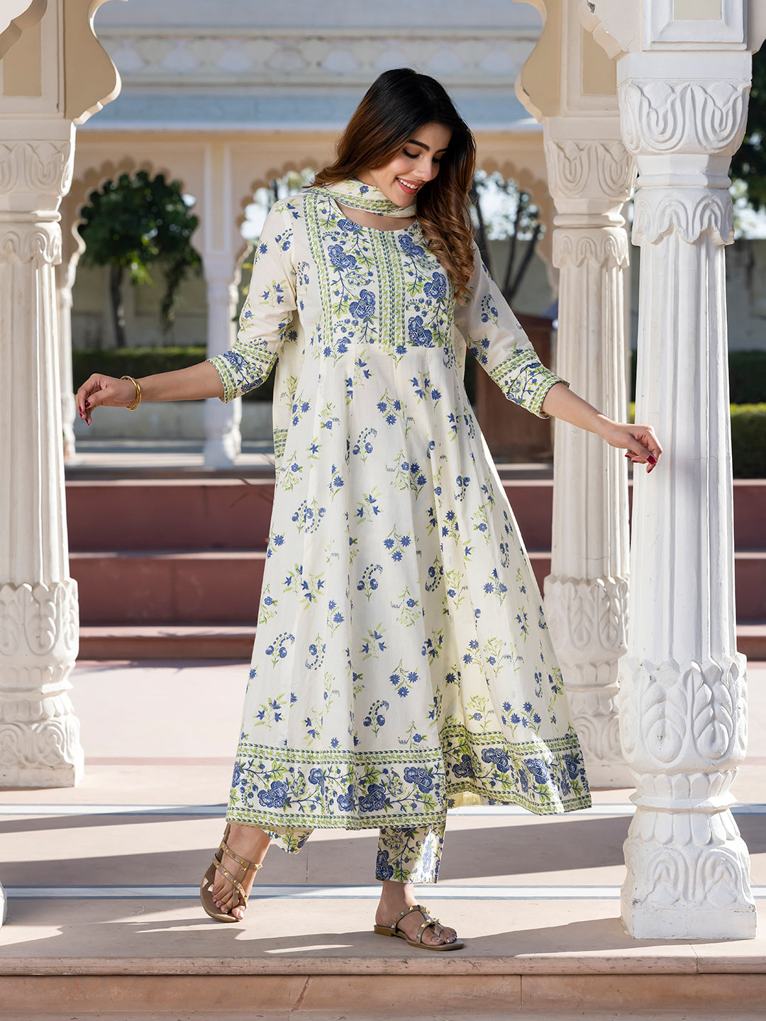 Jaitpuriya Women Blue and Cream Floral Print Anarkali Kurta Set with Dupatta