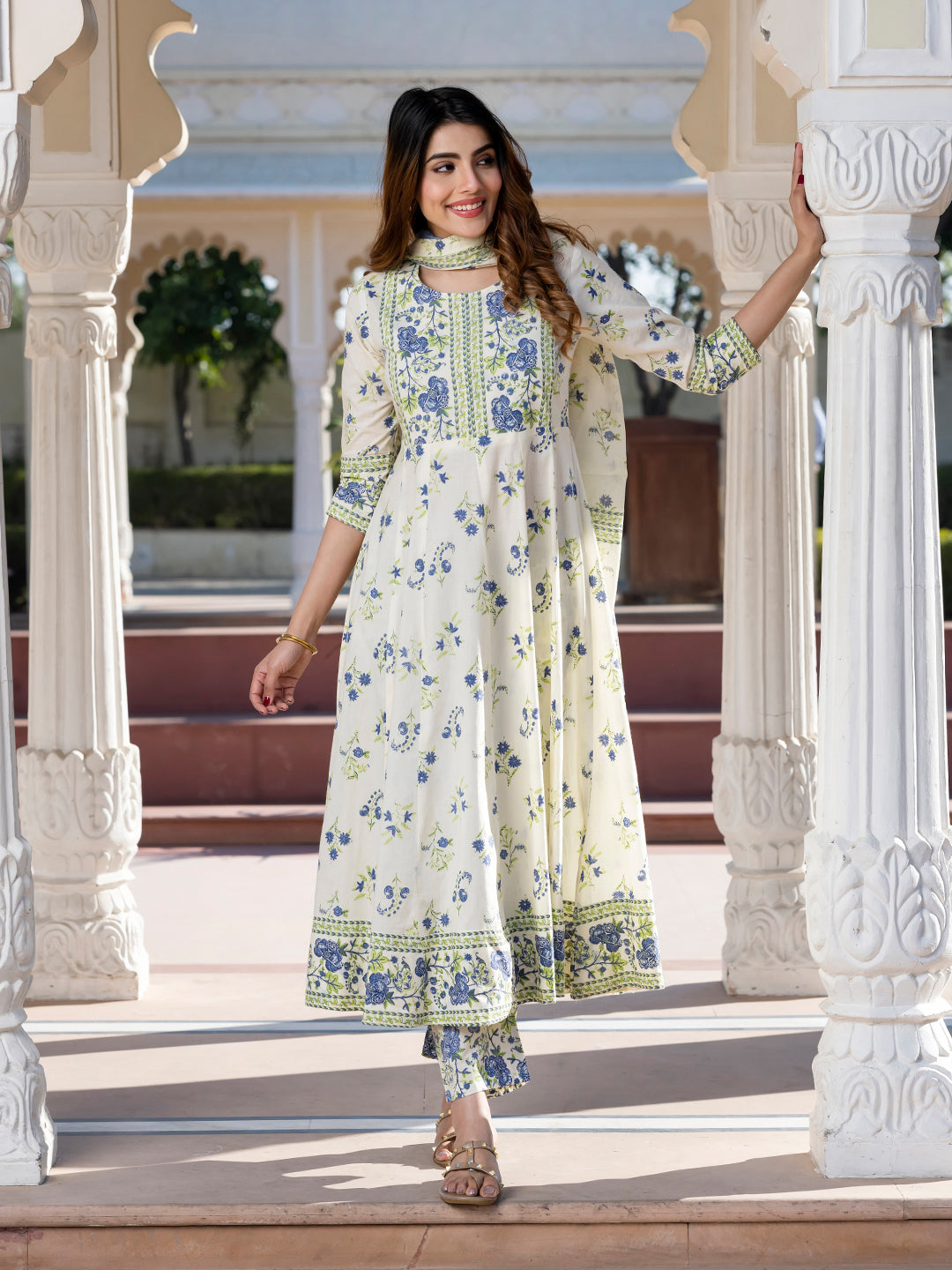 Jaitpuriya Women Blue and Cream Floral Print Anarkali Kurta Set with Dupatta