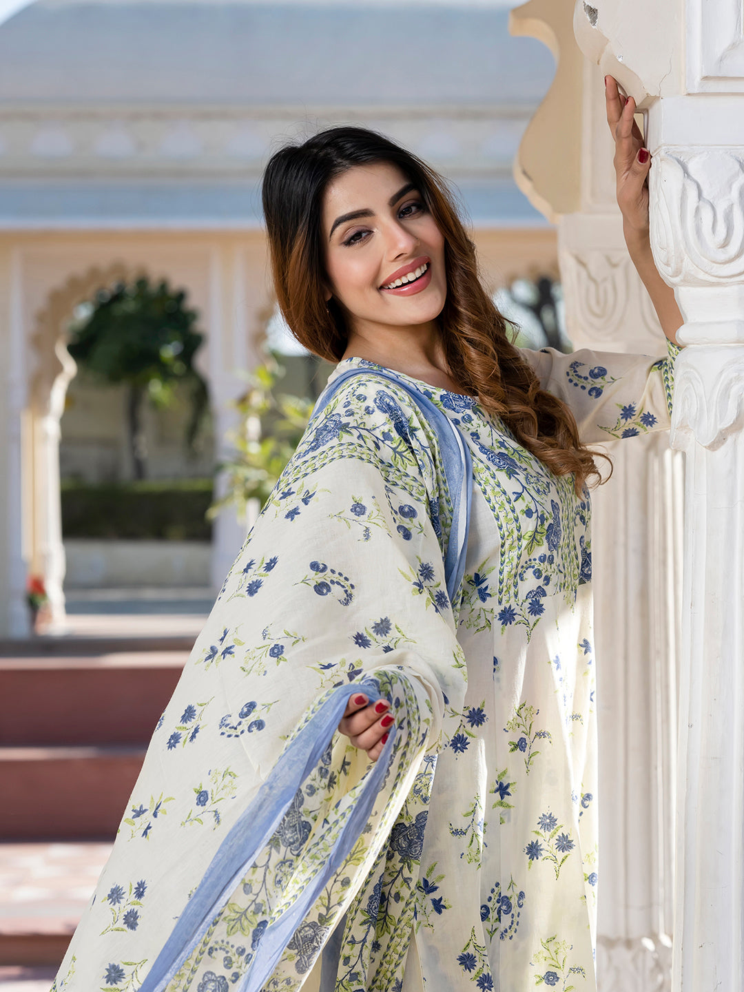 Jaitpuriya Women Blue and Cream Floral Print Anarkali Kurta Set with Dupatta