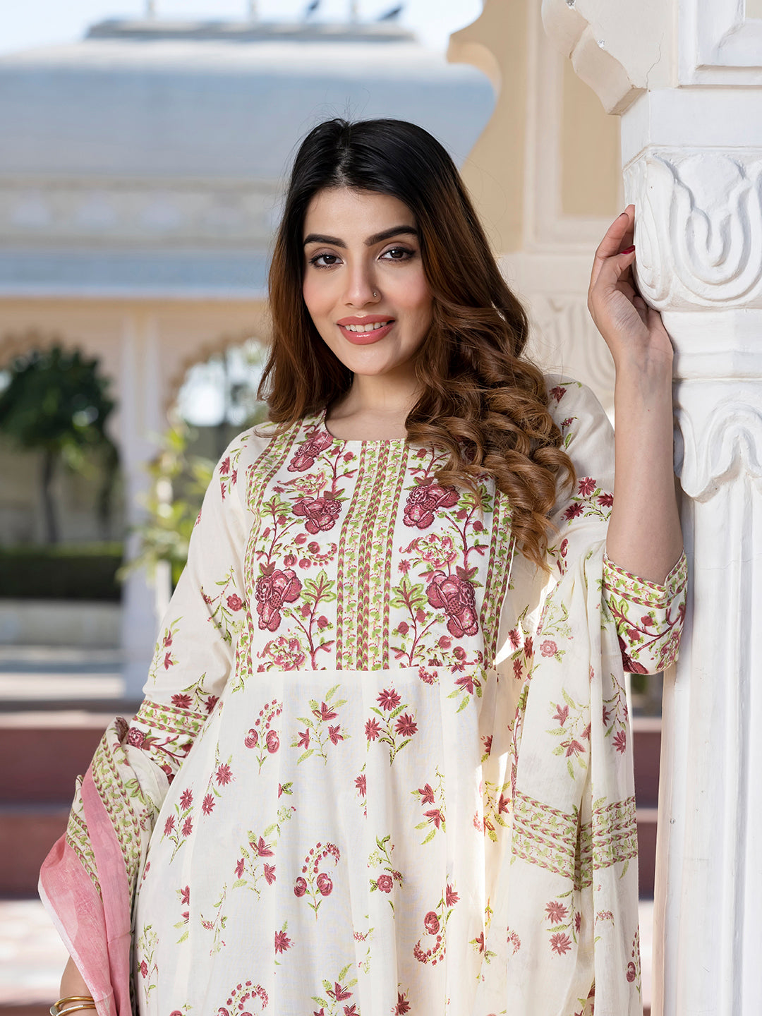 Jaitpuriya Women Brown and Cream Floral Print Anarkali Kurta Set with Dupatta