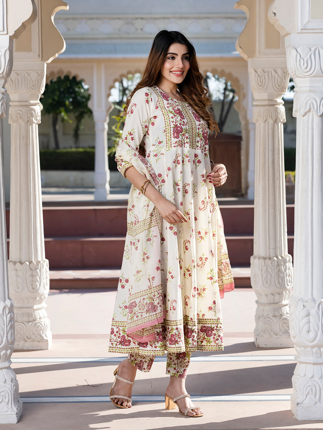 Jaitpuriya Women Brown and Cream Floral Print Anarkali Kurta Set with Dupatta