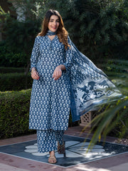 Jaitpuriya Women Grey and White Floral Print Kurta Set with Palazzo and Dupatta