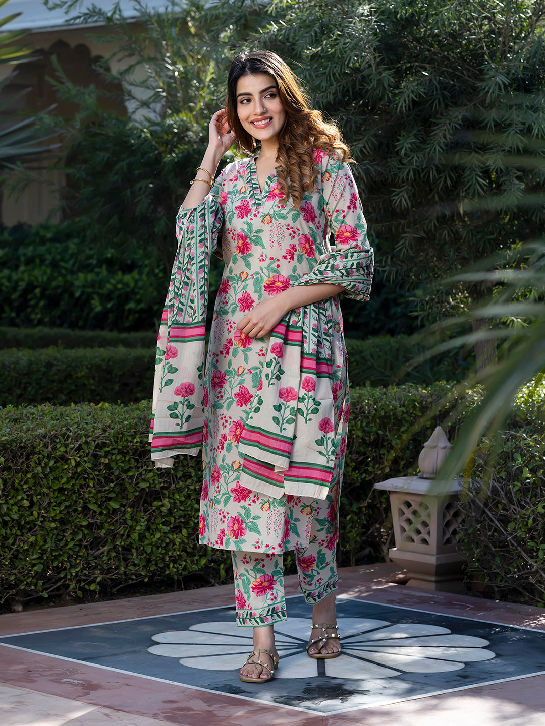 Jaitpuriya Women Cream and Pink Floral Print Kurta Set with Trouser and Dupatta