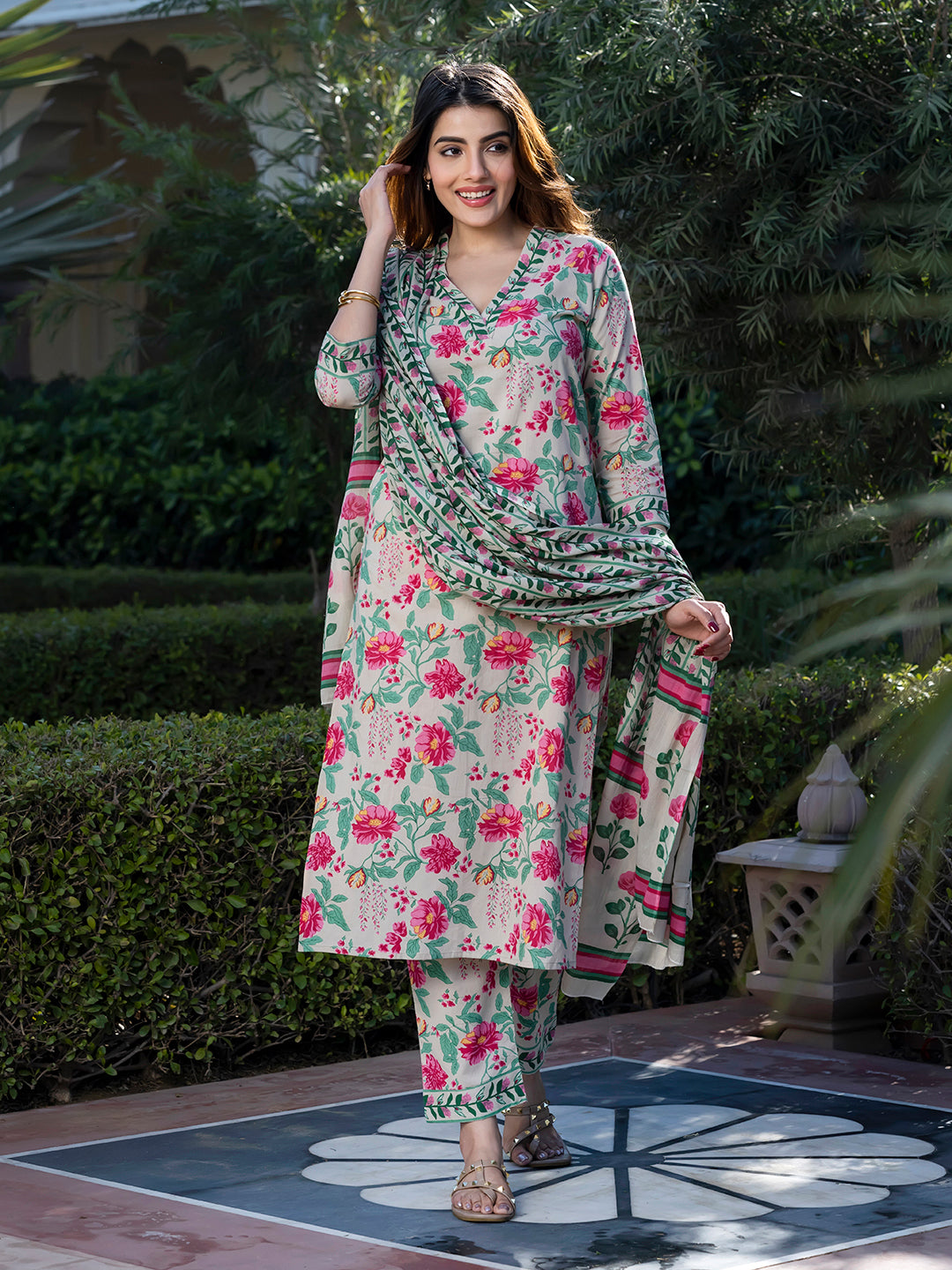 Jaitpuriya Women Cream and Pink Floral Print Kurta Set with Trouser and Dupatta