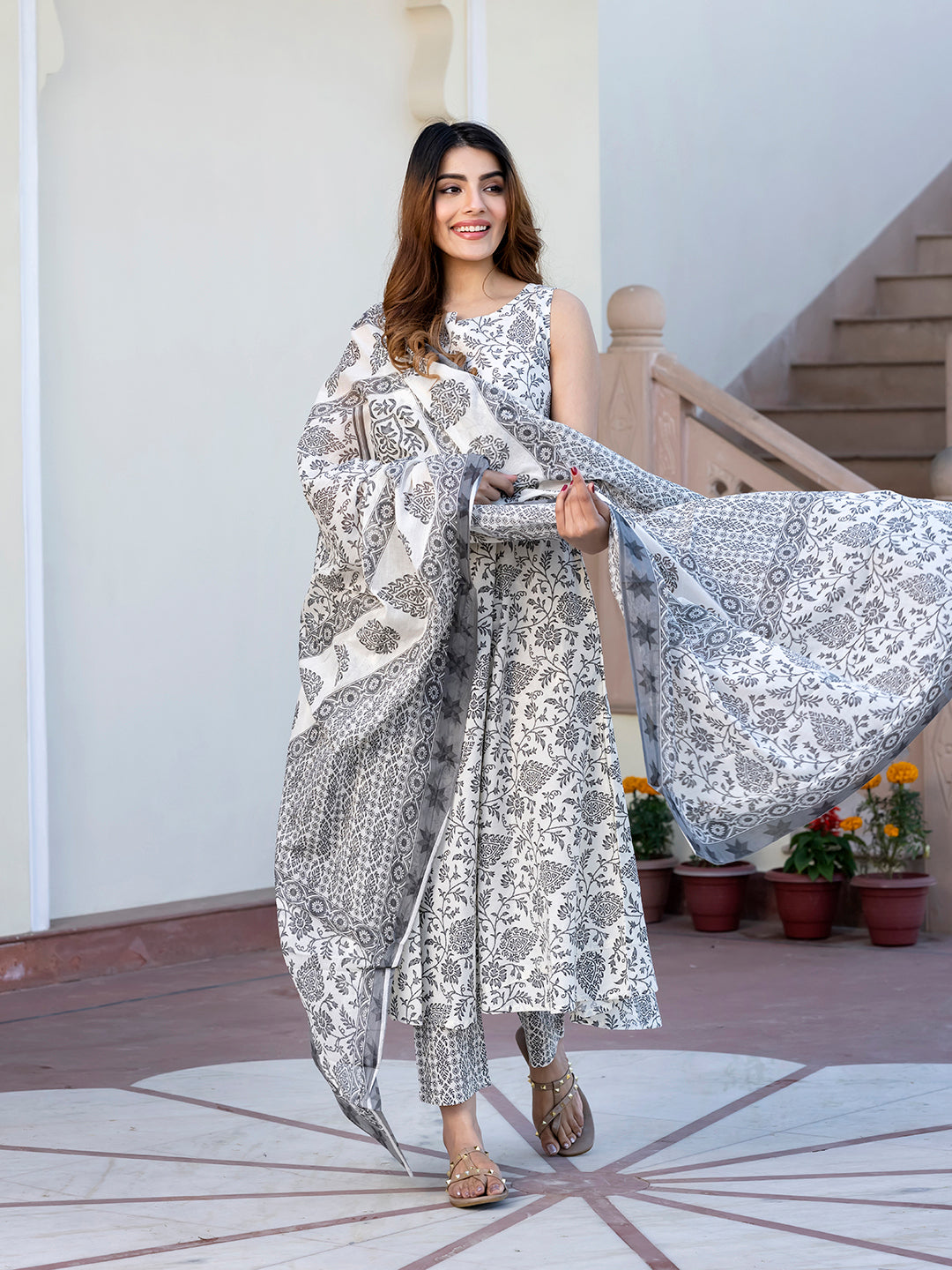 Jaitpuriya Women Grey and White Floral Print Anarkali Kurta Set with Trouser and Dupatta