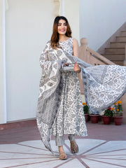 Jaitpuriya Women Grey and White Floral Print Anarkali Kurta Set with Trouser and Dupatta