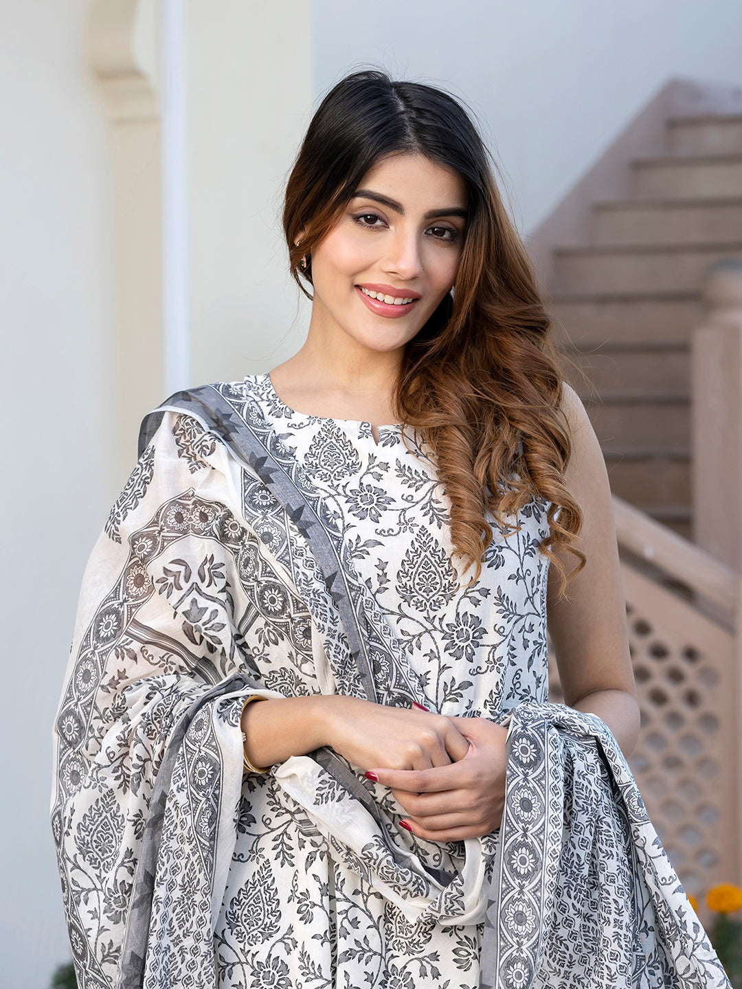 Jaitpuriya Women Grey and White Floral Print Anarkali Kurta Set with Trouser and Dupatta