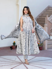 Jaitpuriya Women Grey and White Floral Print Anarkali Kurta Set with Trouser and Dupatta