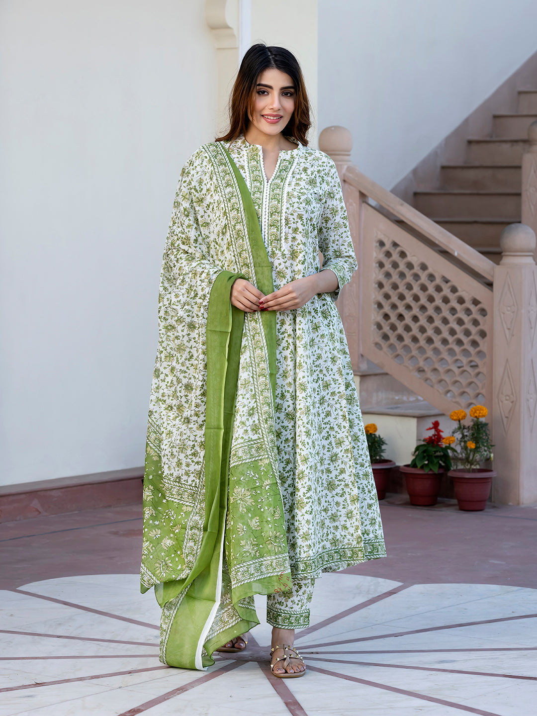 Jaitpuriya Women Green and White Floral Print Anarkali Kurta Set with Trouser and Dupatta