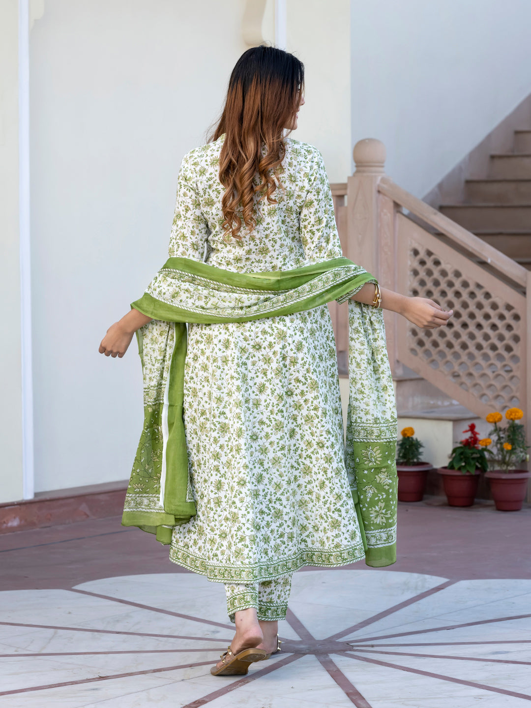 Jaitpuriya Women Green and White Floral Print Anarkali Kurta Set with Trouser and Dupatta