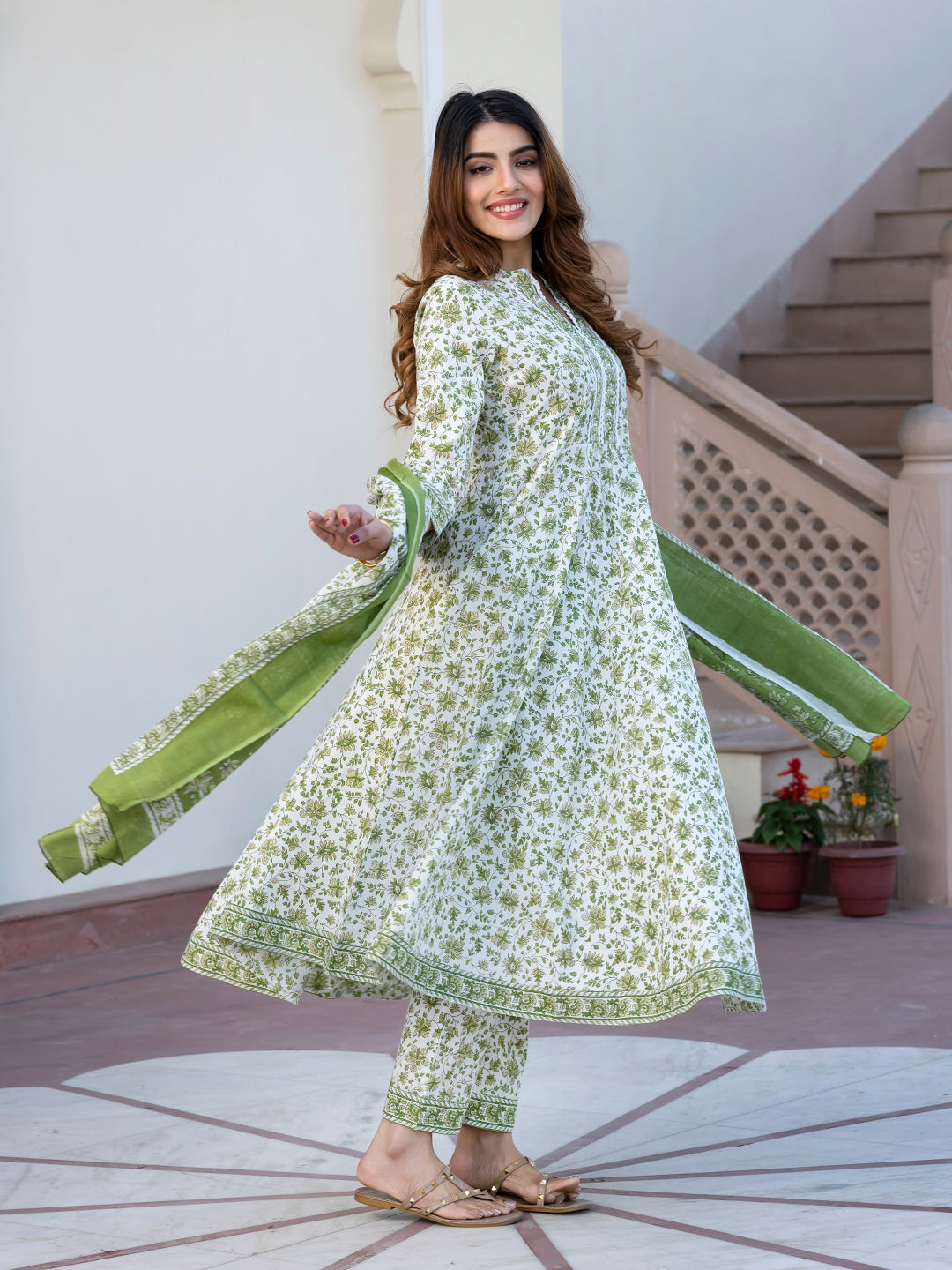 Jaitpuriya Women Green and White Floral Print Anarkali Kurta Set with Trouser and Dupatta