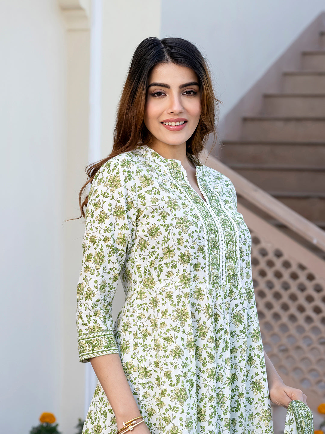 Jaitpuriya Women Green and White Floral Print Anarkali Kurta Set with Trouser and Dupatta