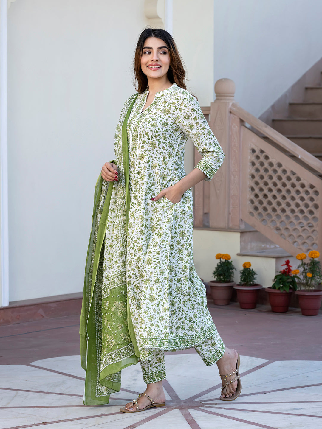 Jaitpuriya Women Green and White Floral Print Anarkali Kurta Set with Trouser and Dupatta
