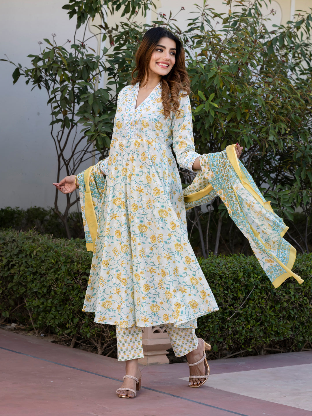 Jaitpuriya Women Yellow and White Floral Print Anarkali Kurta Set with Trouser and Dupatta