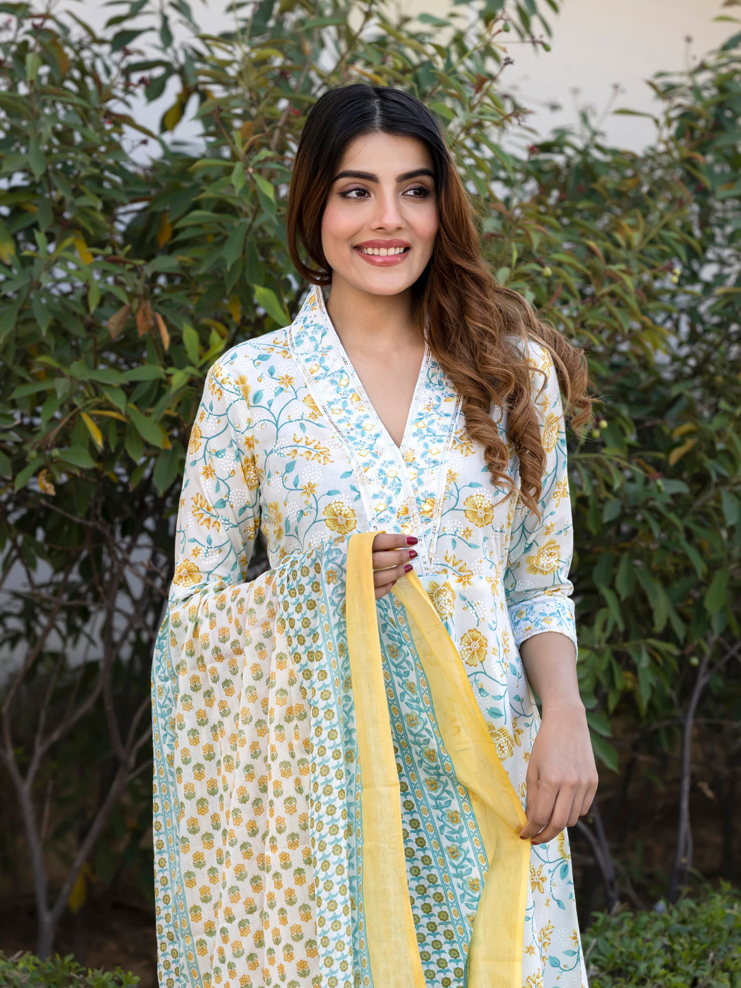 Jaitpuriya Women Yellow and White Floral Print Anarkali Kurta Set with Trouser and Dupatta